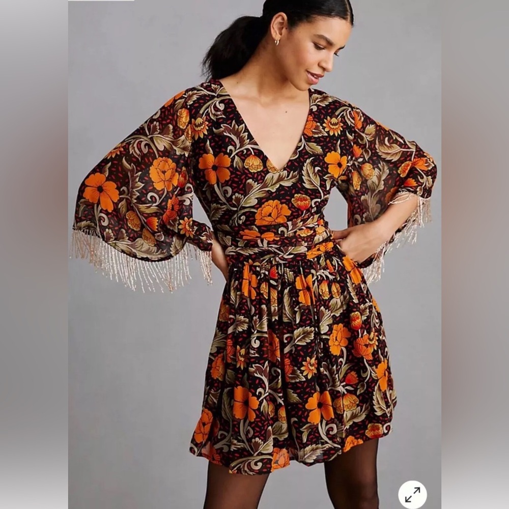 Verb by Pallavi Singhee Beaded Sleeve Floral Mini Dress | Anthropologie